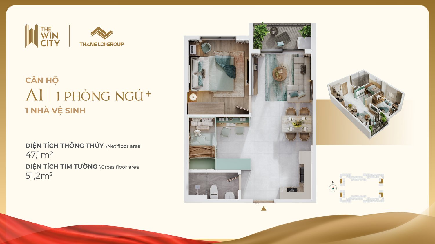 Layout căn hộ 1 phòng ngủ The Win City