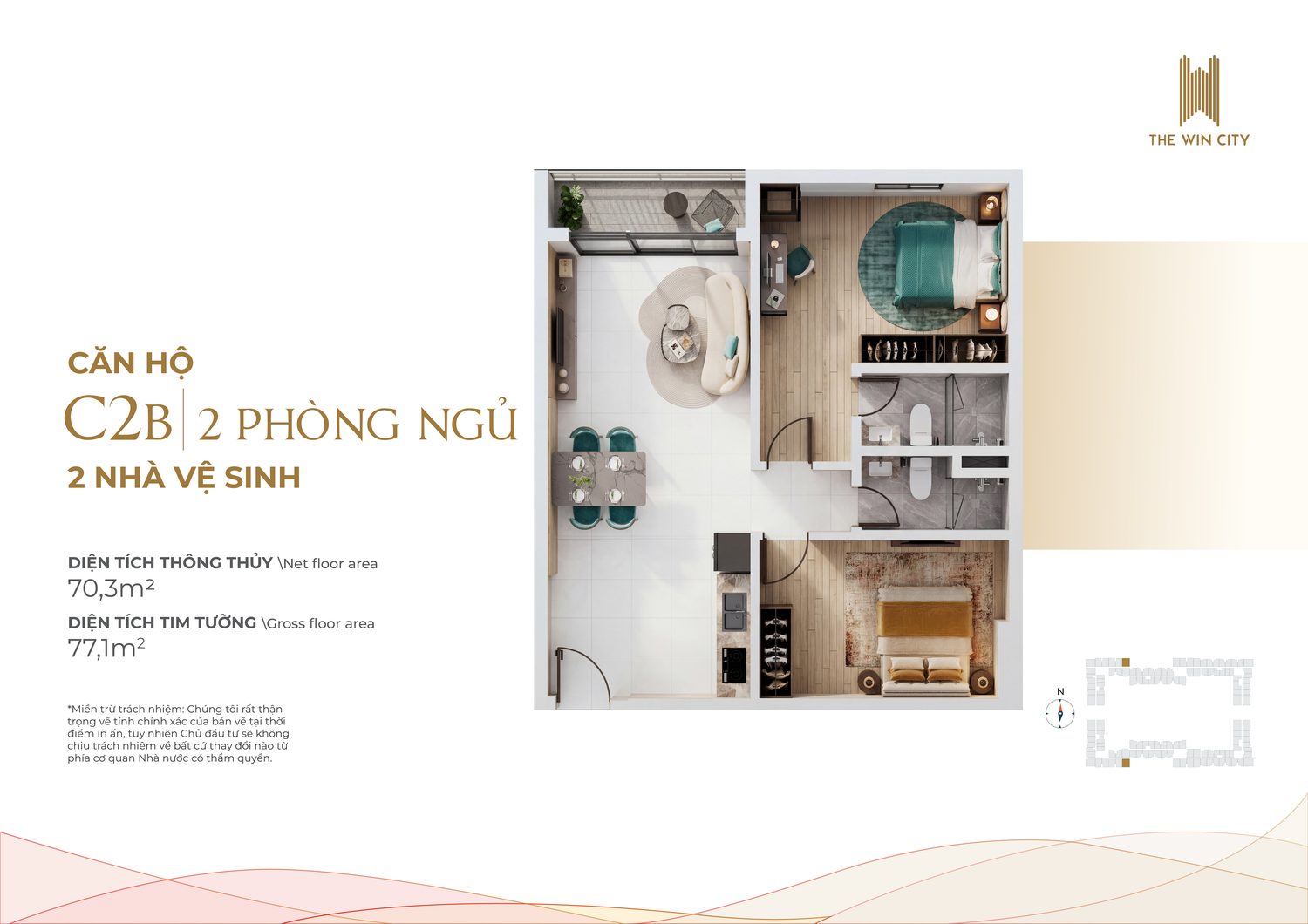 Layout căn hộ 2 phòng ngủ 77m2 The Win City