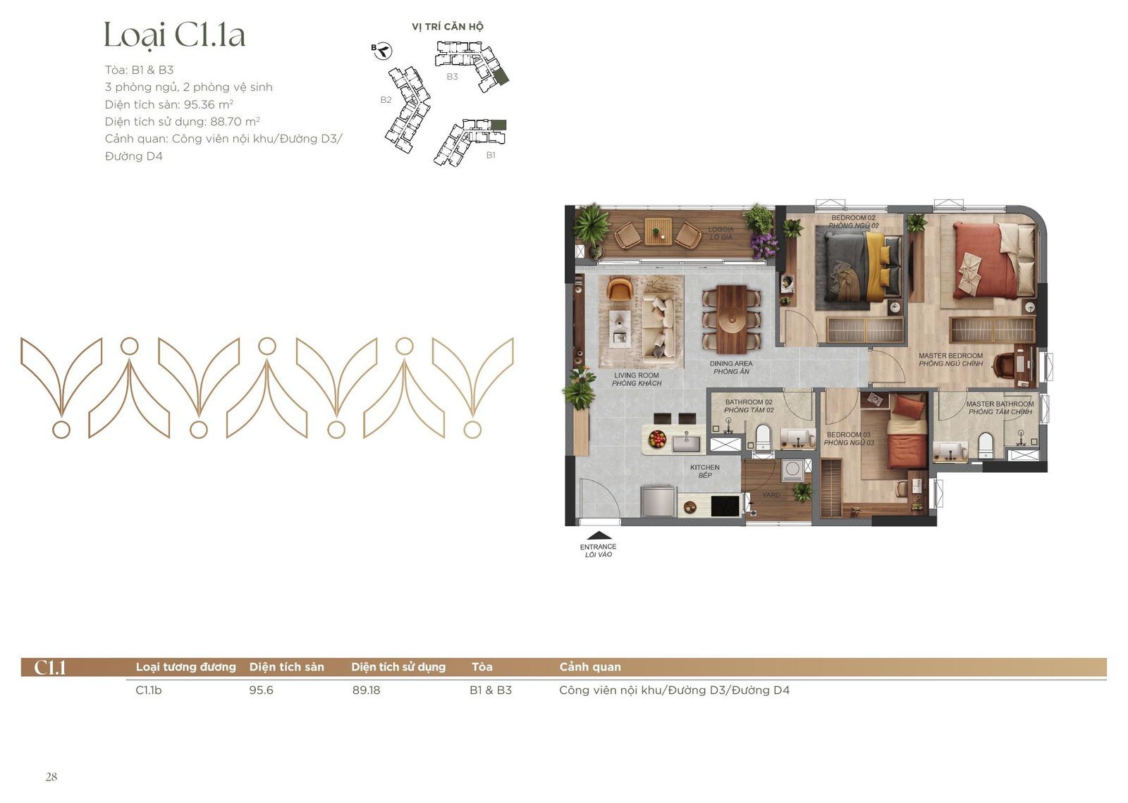 Mặt bằng căn 3 phòng ngủ C1.1a Norton Park, diện tích sàn 95,36 m²